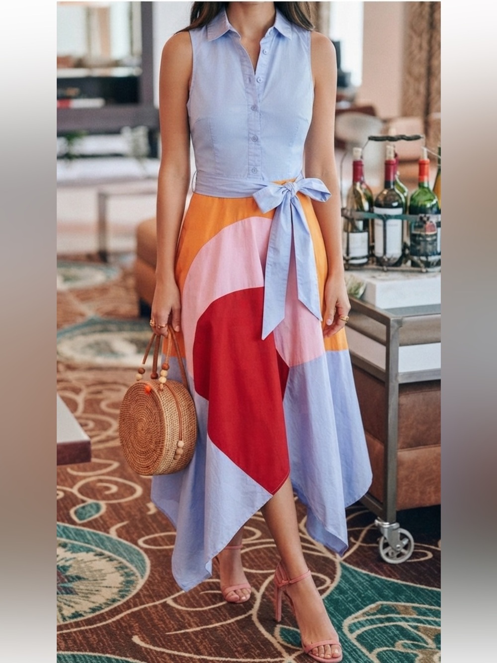 INA Colorblock Geometric Midi Shirt Dress S Sleeveless Handkerchief Asymmetric